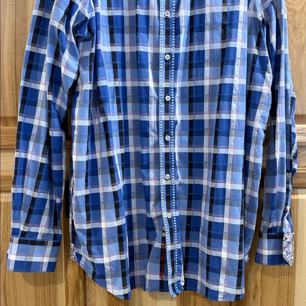 Robert Graham Blue White Plaid Button Down Cuff and Collar Accents Shirt 2 XLT